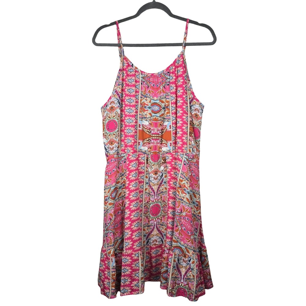 Pretty Garden Paisley Mini Dress Women XL Pink Boho Ruffle Hem Lined NWT